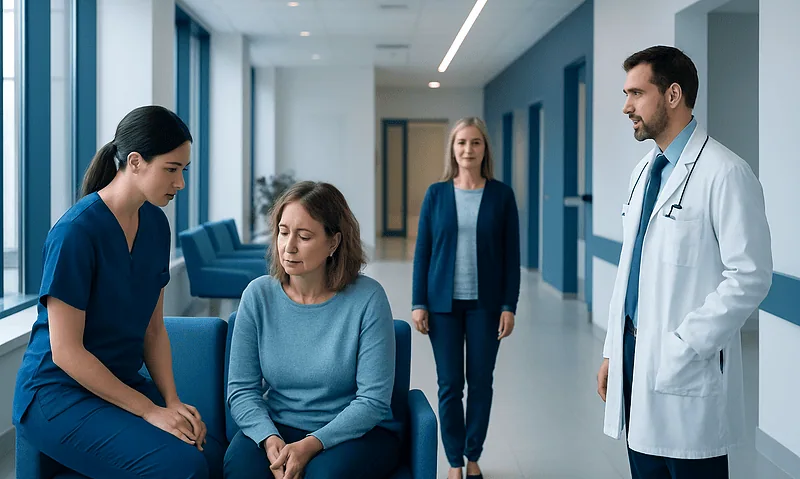Doctor consulting a patient in a hospital corridor with staff and patient in focus.