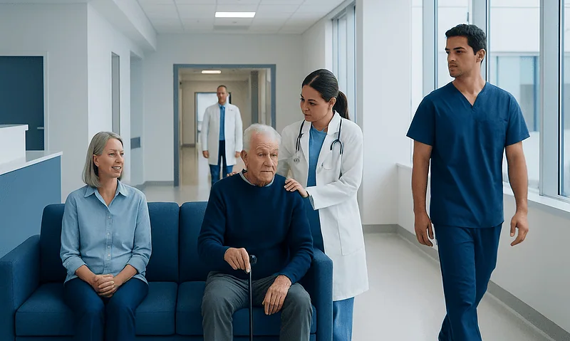 Medical team consulting elderly patient in hospital corridor.