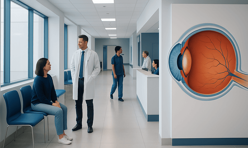 Eye examination room at Acibadem Hospitals Group with medical staff and patient.