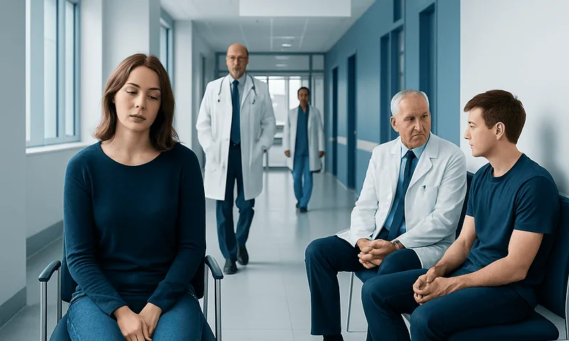 Patients and doctors in a hospital corridor, waiting for consultation.