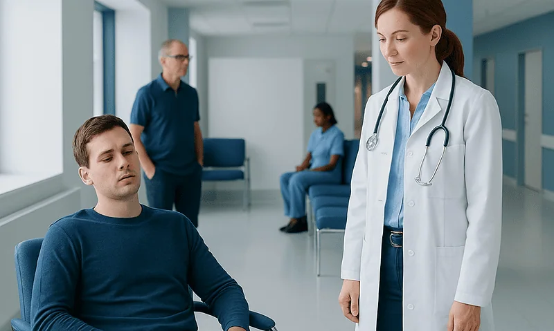 Doctor consulting a young male patient in a hospital corridor.