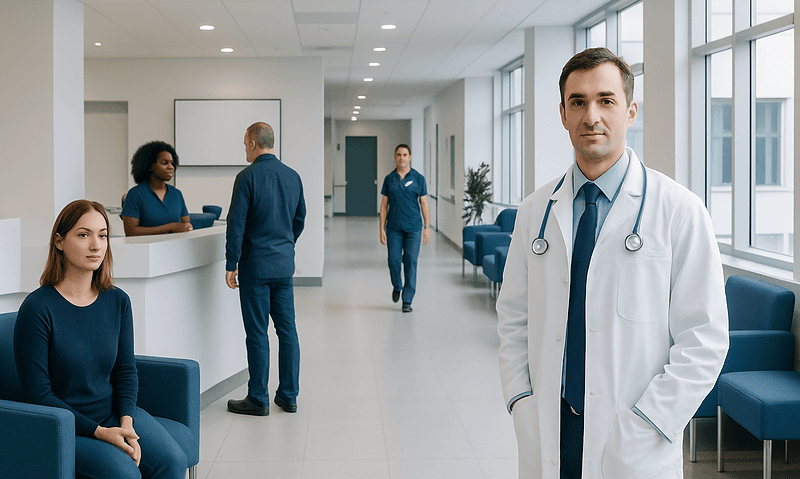 Medical professionals and patients in a modern hospital waiting area.