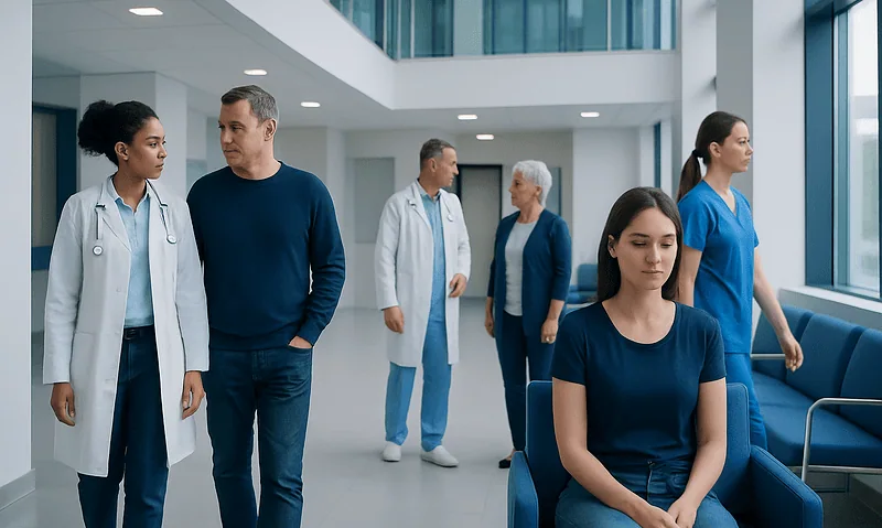 Medical staff and patients in a hospital waiting area.