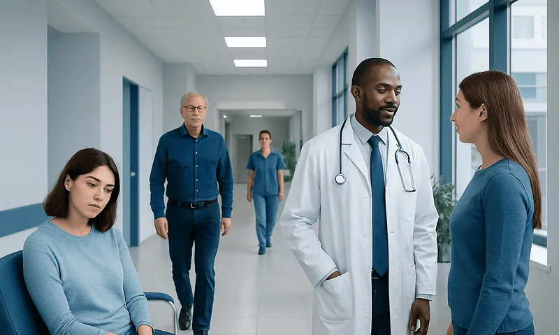 Medical team consulting with patient in hospital corridor.