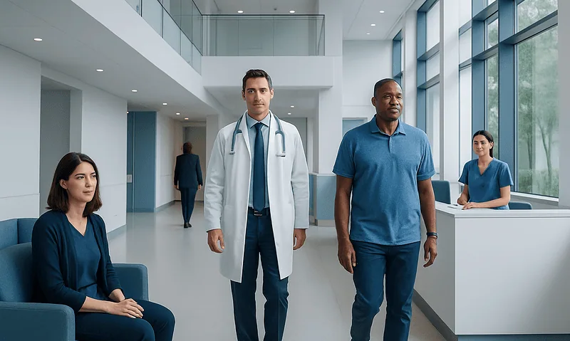 Medical professionals and patient in modern hospital lobby with large windows.