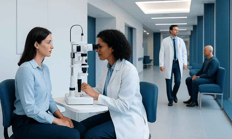 Optometrist performing eye test with slit lamp in clinic.
