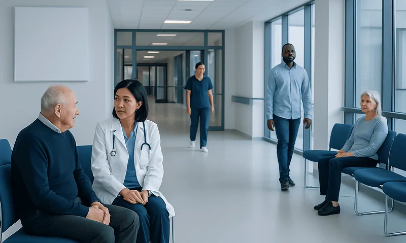 Medical consultation in hospital corridor with diverse healthcare professionals and patients.
