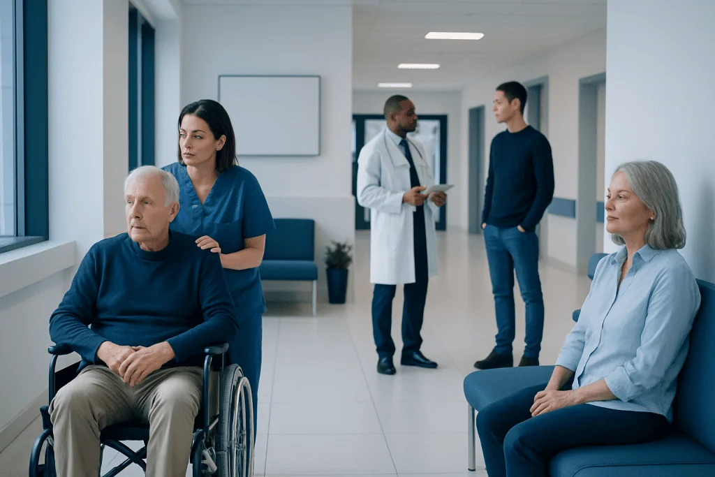 The Most Common Neurodegenerative Diseases and Their Key Warning Signs 1 Patients and healthcare professionals in a hospital corridor.