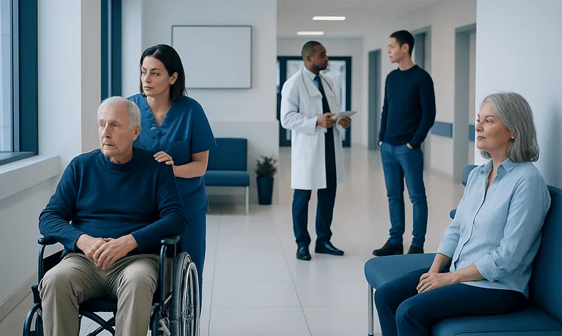 Patients and healthcare professionals in a hospital corridor.