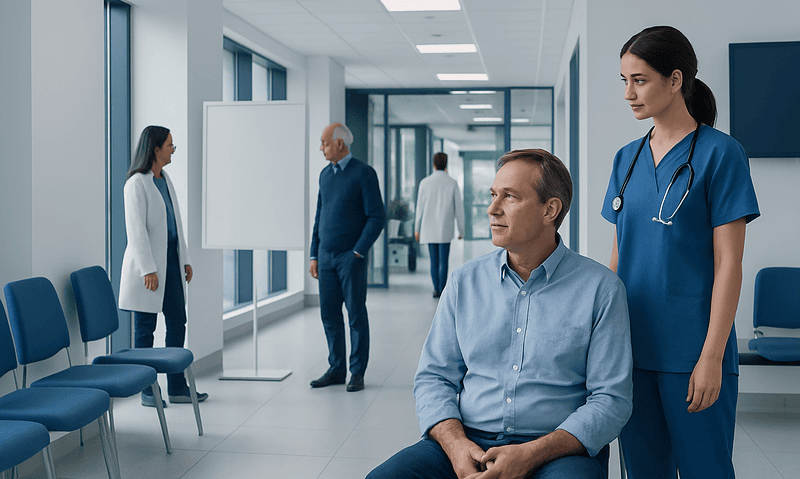 Medical staff and patient in a hospital corridor.