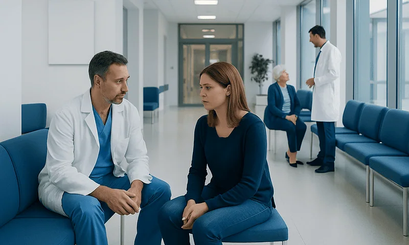Doctor consulting with a young woman in a hospital corridor.