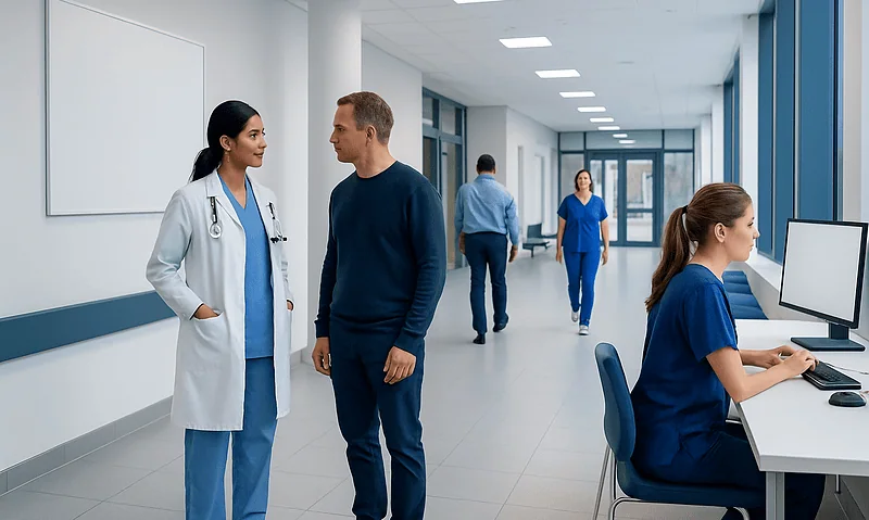 Medical staff and patients in a modern hospital corridor.