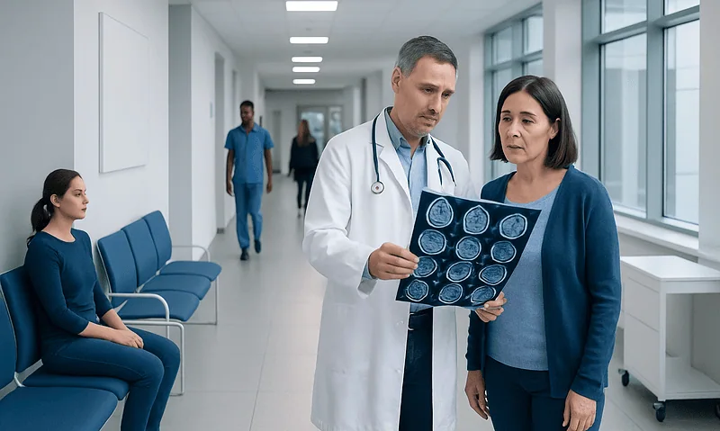 Doctor reviewing brain scan with patient in hospital corridor.