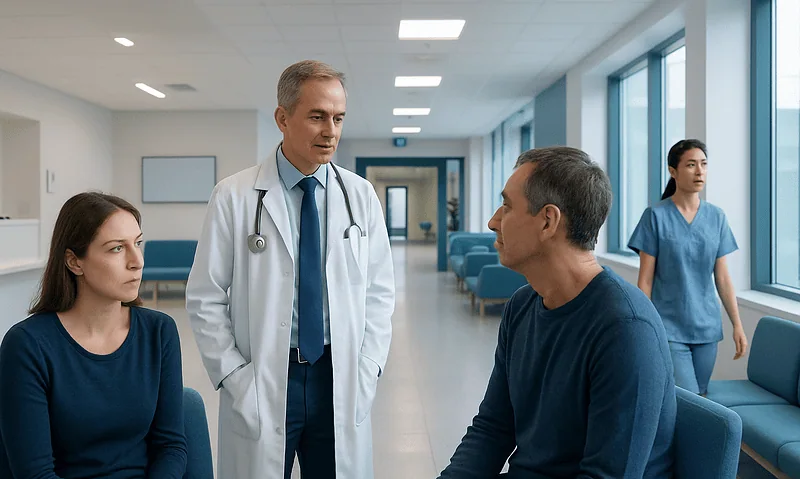 Doctor consulting with patients in a hospital corridor.