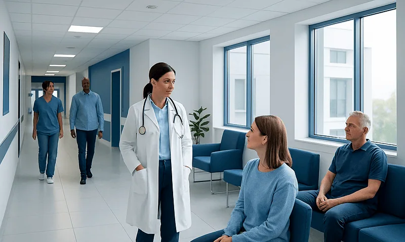 Doctor consulting patients in a modern hospital corridor.
