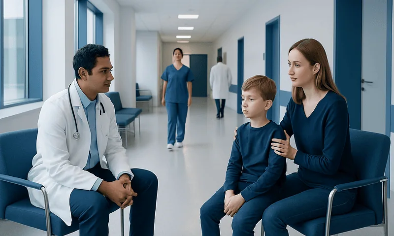 Doctor consulting with a young patient and mother in a hospital corridor.