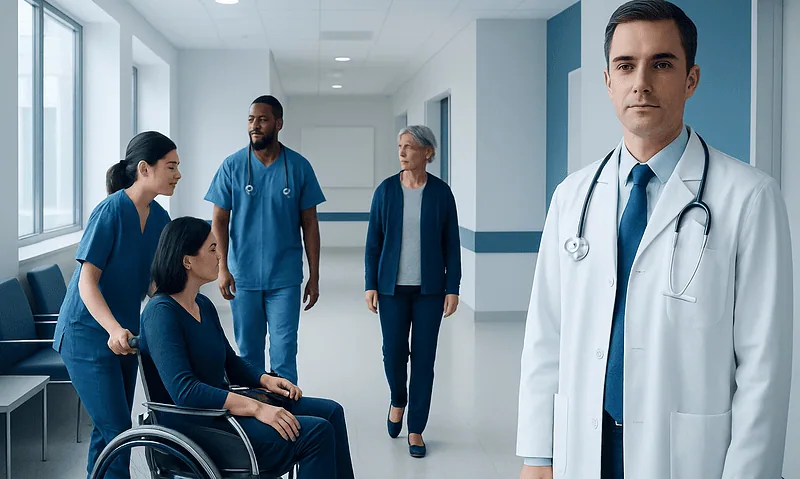 Medical team with patient in hospital corridor at Acibadem Hospitals Group.