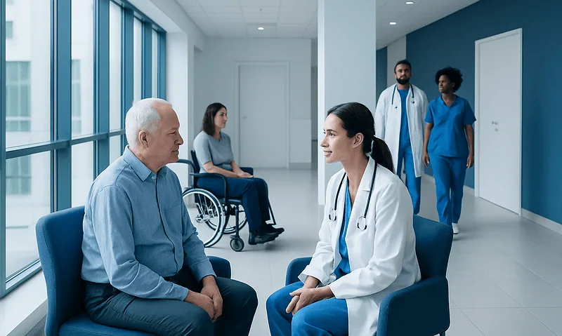 Doctor consulting elderly patient in hospital corridor with medical staff nearby.