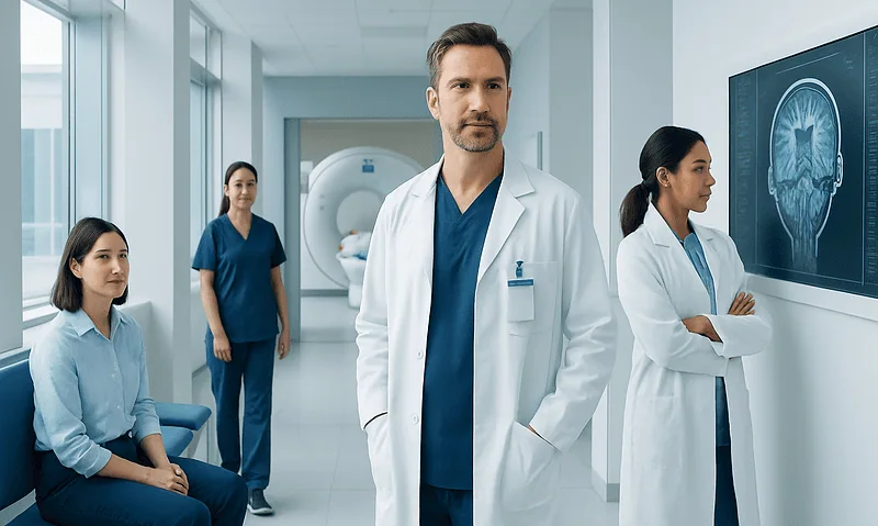 Medical team analyzing brain MRI scan in hospital corridor.