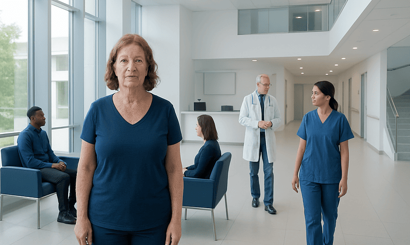 Patients and medical staff in a modern hospital lobby at Acibadem Hospitals Group.