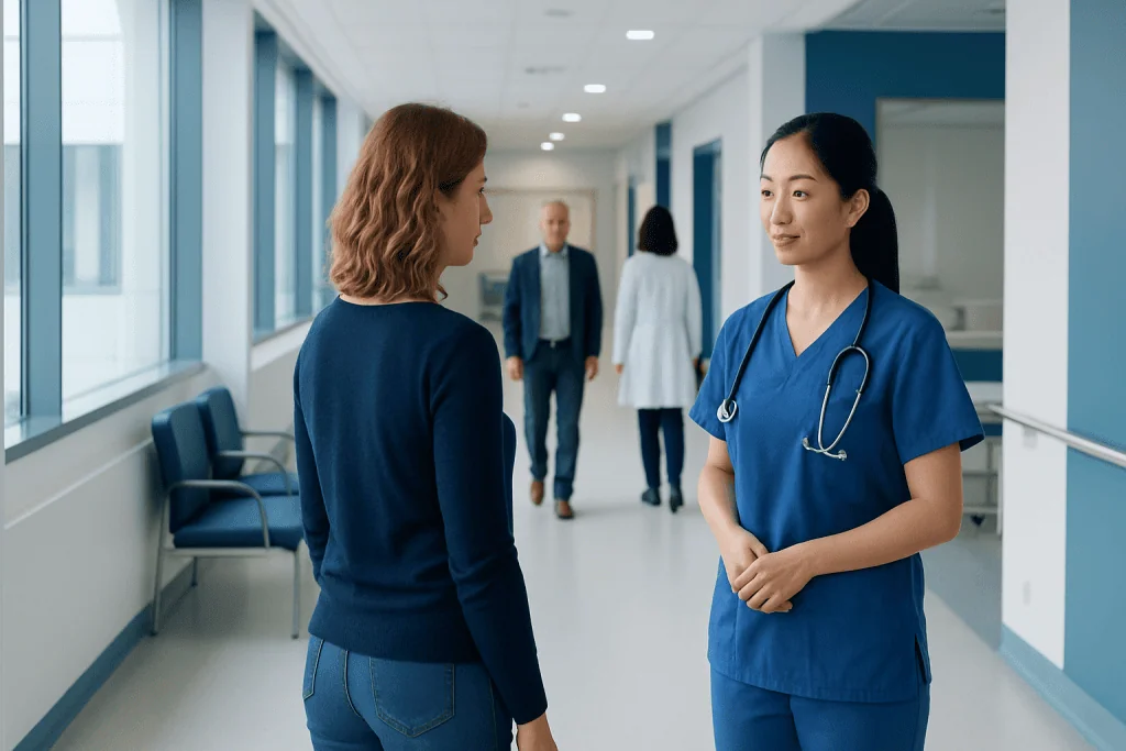 Nipple Reduction Surgery: What to Expect 1 Patient consulting with nurse in hospital corridor at Acibadem Hospitals Group.