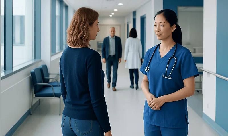Patient consulting with nurse in hospital corridor at Acibadem Hospitals Group.