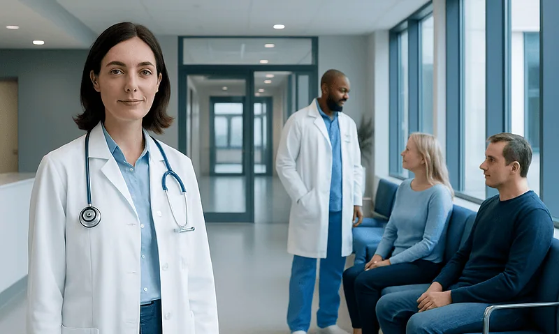 Medical team consulting patients in a modern hospital corridor.
