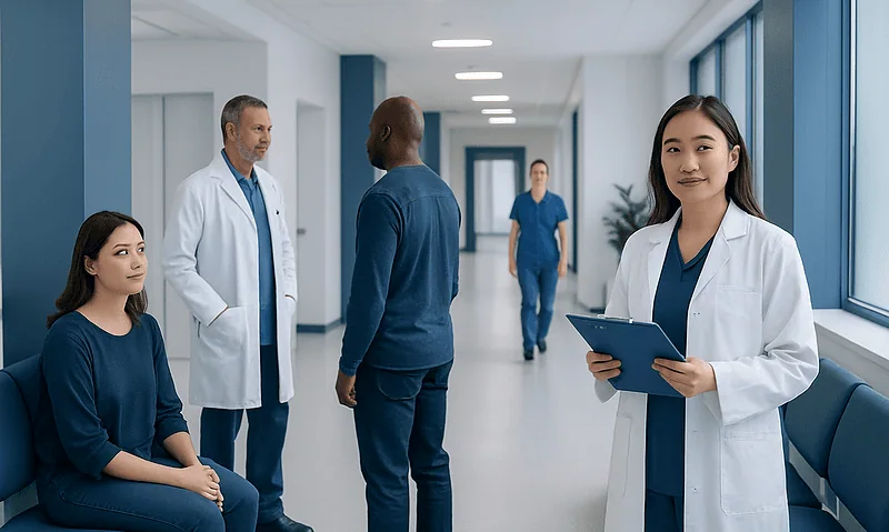 Medical team consulting patients in a hospital corridor at Acibadem Hospitals Group.