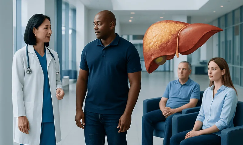 Doctor explaining liver health to patient in hospital setting.