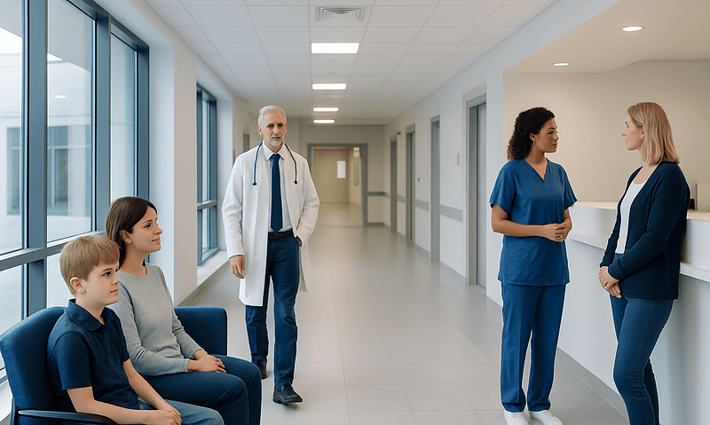 Medical consultation in hospital corridor with children and healthcare professionals.