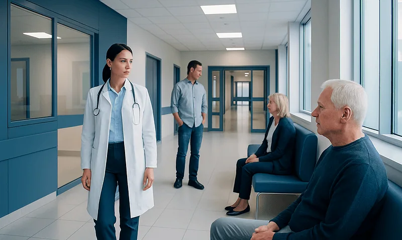 Medical consultation in hospital corridor with doctor and patients.
