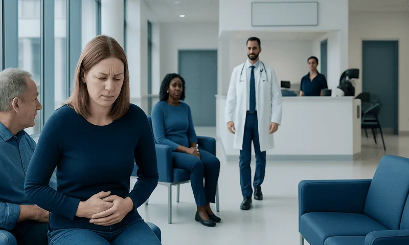 Patient experiencing abdominal discomfort in a hospital waiting area.