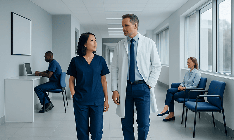 Healthcare professionals in a hospital corridor engaging in conversation.