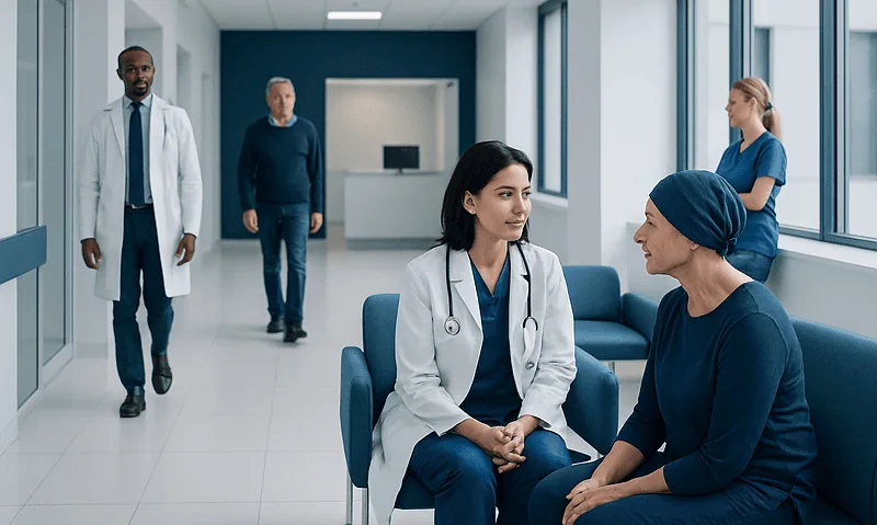 Medical consultation in a modern hospital corridor with healthcare professionals and patient.