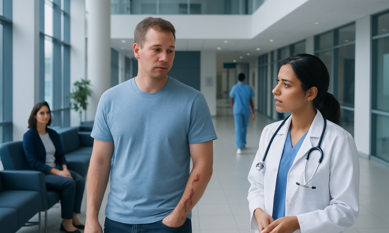 Patient with a healed wound talking to a doctor in hospital corridor.