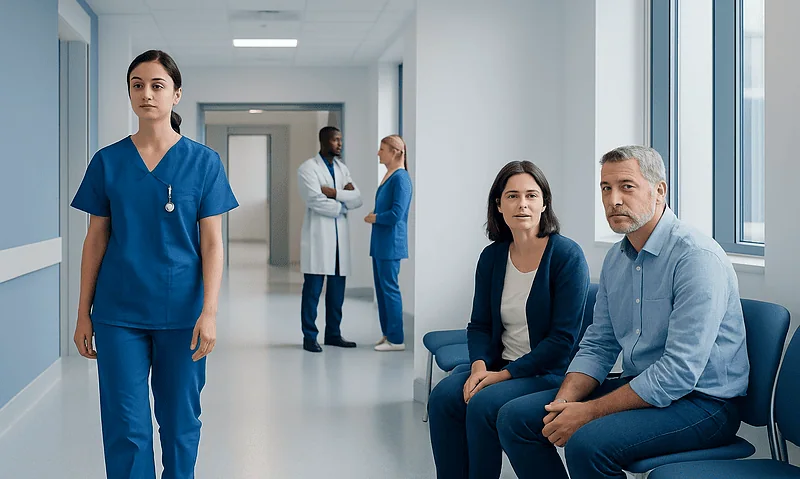 Medical team waiting in hospital corridor for neurology assessment.