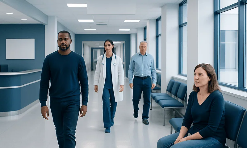 Medical professionals walking in hospital corridor for sleep disorder treatment.