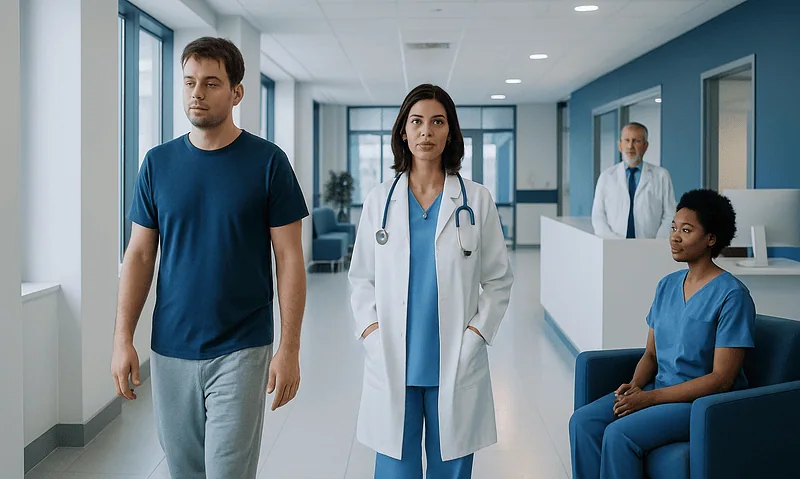 Medical professionals and patient in hospital corridor.