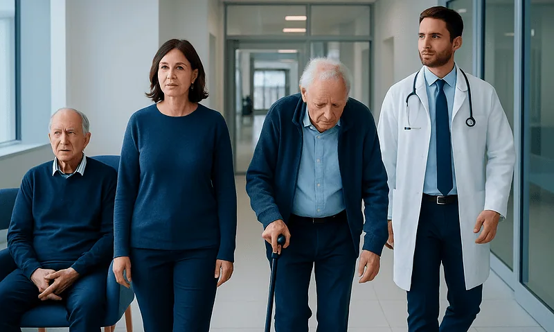 Elderly man with cane walking with medical staff and family in hospital corridor.