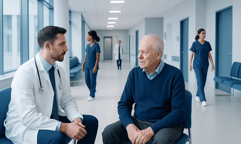 Doctor consulting elderly patient in hospital corridor with nurses in background.