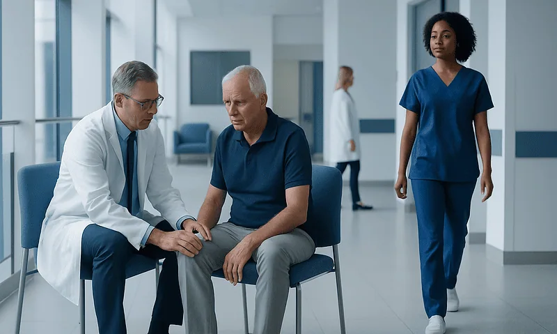 Doctor examining a patient in a hospital corridor with nurses nearby.