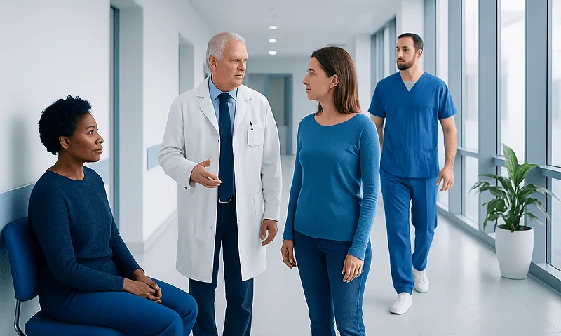 Medical team discussing patient care in hospital corridor.