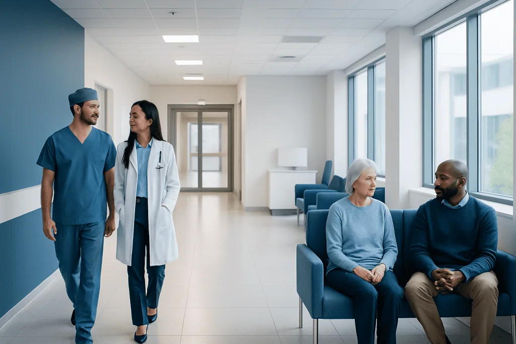 Peripheral Nerve Surgery: Who Is a Candidate for Nerve Repair or Decompression? 1 Healthcare professionals consulting with elderly patient in hospital corridor.