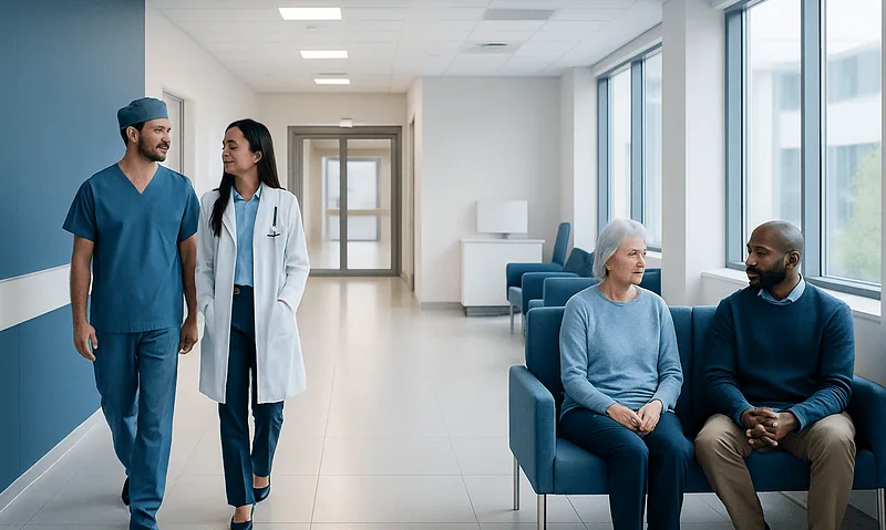 Healthcare professionals consulting with elderly patient in hospital corridor.