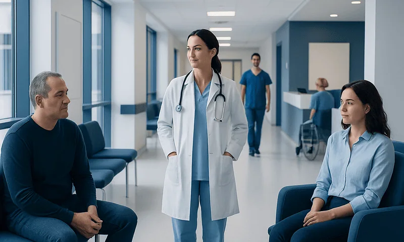 Doctor consulting with patients in a hospital corridor.