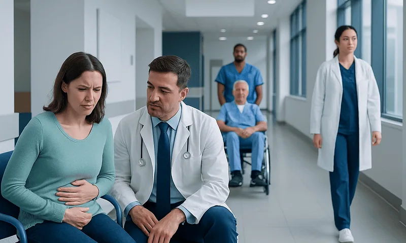 Patient experiencing stomach pain with medical staff in hospital corridor.