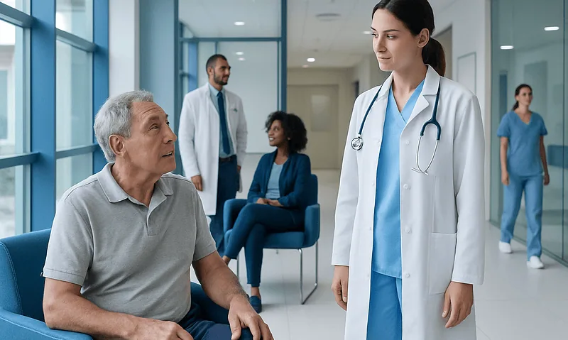 Doctor consulting elderly patient in hospital corridor with staff in background.