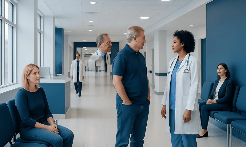 Doctors and patients in a modern hospital corridor.