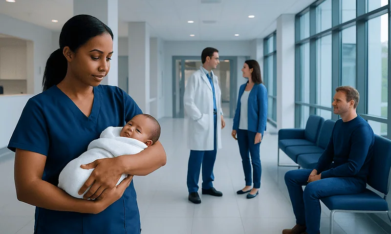 Nurse holding a newborn in a hospital corridor with parents nearby.