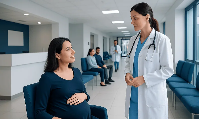 Pregnant woman consulting with a doctor in a hospital corridor.